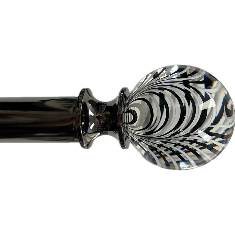 Cosmopolitan ArtGlass finial in Echo Black with turned base and Polished Black Nickel finish